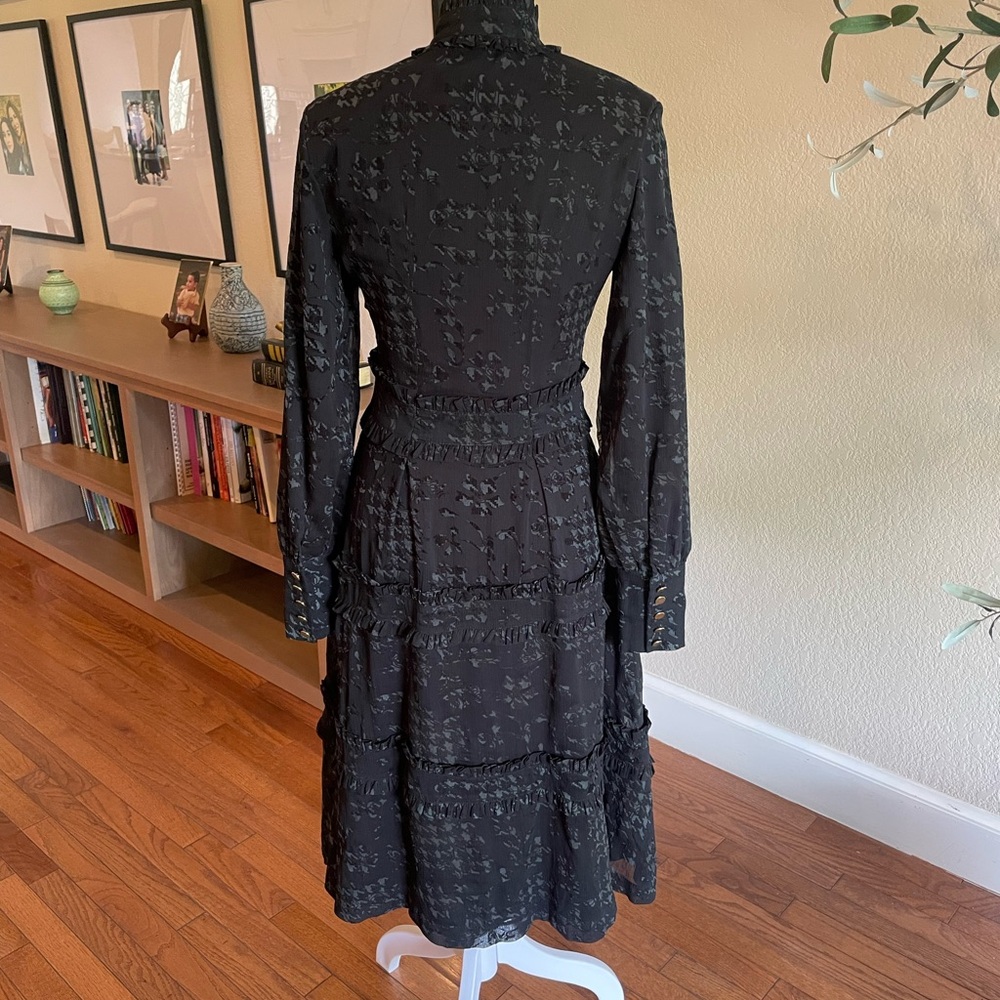 Black Ruffle-Trim Long Sleeve Button-Front Midi Dress - Picture 2 of 3